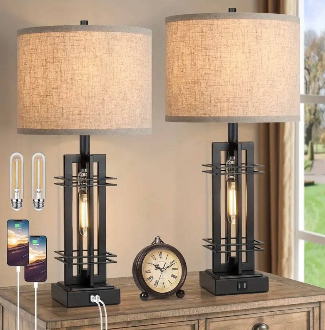 Farmhouse Table Lamps With USB Ports - Set of 2