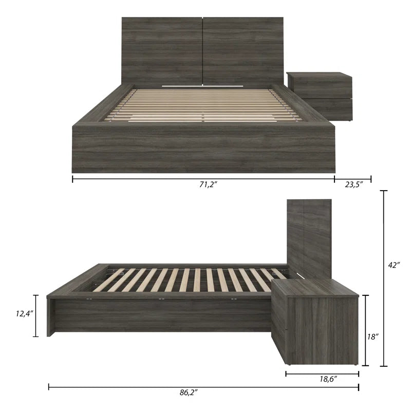 Queen 3 Piece Bedroom Wood Set with Bed, Headboard, and Nightstand