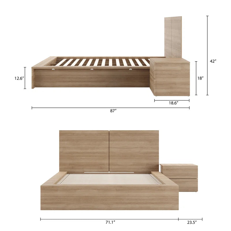 3 Piece Bedroom Wood Set with Bed, Headboard, and Nightstand